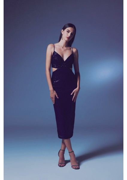 Dekolteli Payet Elbise - Lacivert modelleri