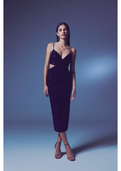 Dekolteli Payet Elbise - Lacivert fırsatları