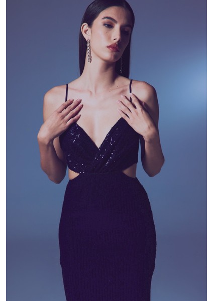 Dekolteli Payet Elbise - Lacivert indirimleri