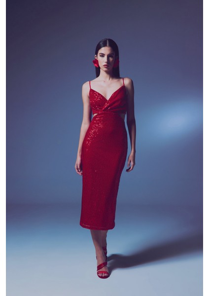 Dekolteli Payet Elbise - Kırmızı fiyatları