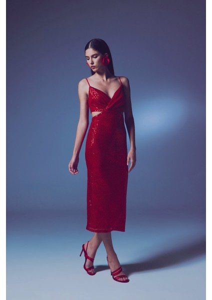 Dekolteli Payet Elbise - Kırmızı indirimleri