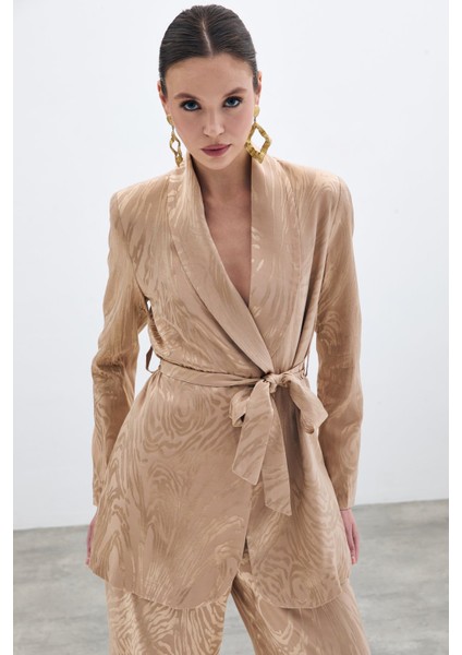 Kuşaklı Uzun Ceket - Vizon