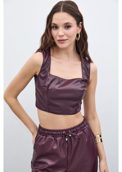 Kare Yaka Deri Crop - Bordo
