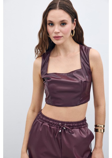 Kare Yaka Deri Crop - Bordo modelleri