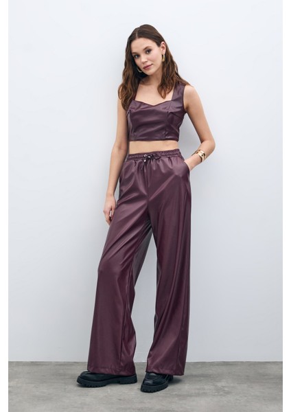 Kare Yaka Deri Crop - Bordo fırsatları
