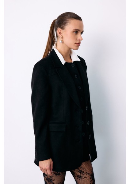 Düğmeli Süet Ceket - Siyah indirimleri