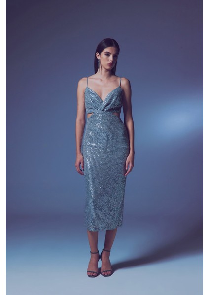 Dekolteli Payet Elbise - Gümüş