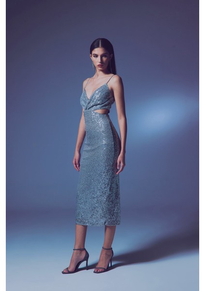 Dekolteli Payet Elbise - Gümüş fırsatları