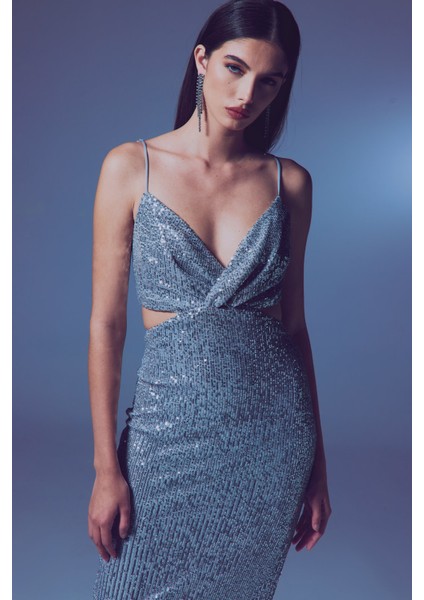 Dekolteli Payet Elbise - Gümüş indirimleri