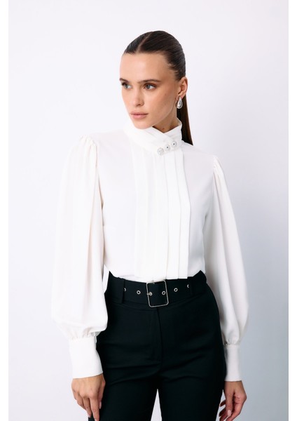 Nervür Detaylı Bluz - Ekru