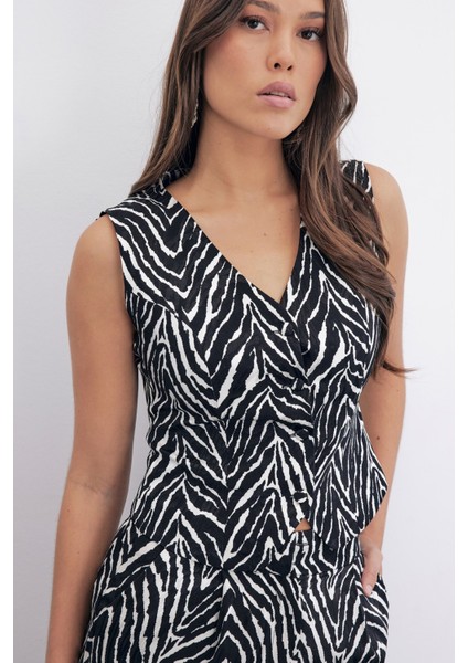 Zebra Desen Kısa Yelek - Siyah