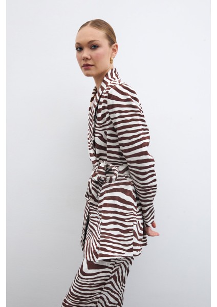 Kuşaklı Zebra Ceket - Kahve indirimleri