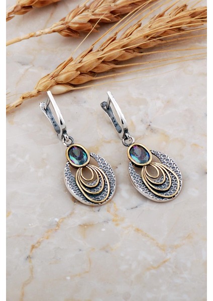 Mistik Topaz Taşlı Halkalı Çekiç Dövme Elişi Gümüş Küpe 7231