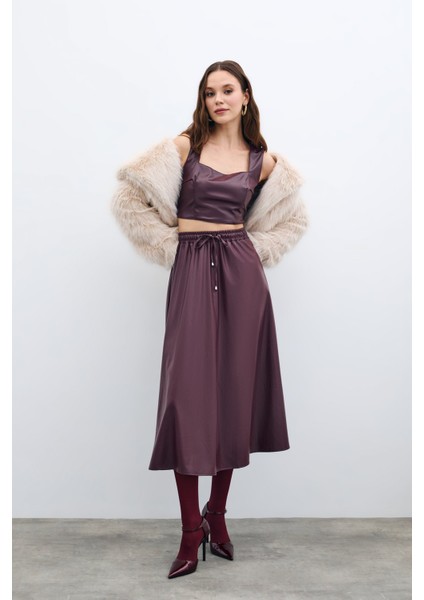Bel Lastikli Deri Etek - Bordo