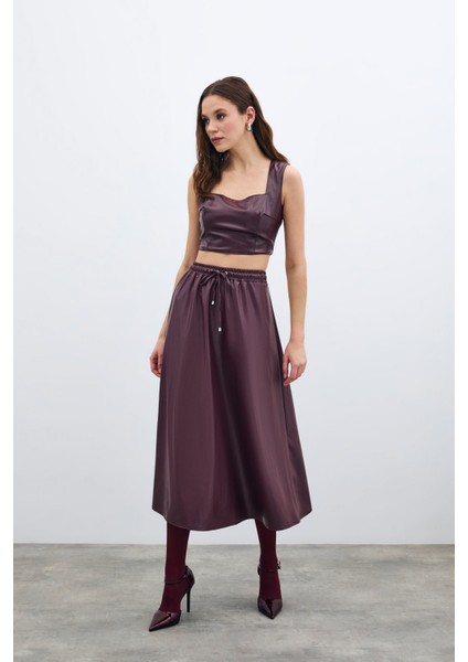 Bel Lastikli Deri Etek - Bordo modelleri