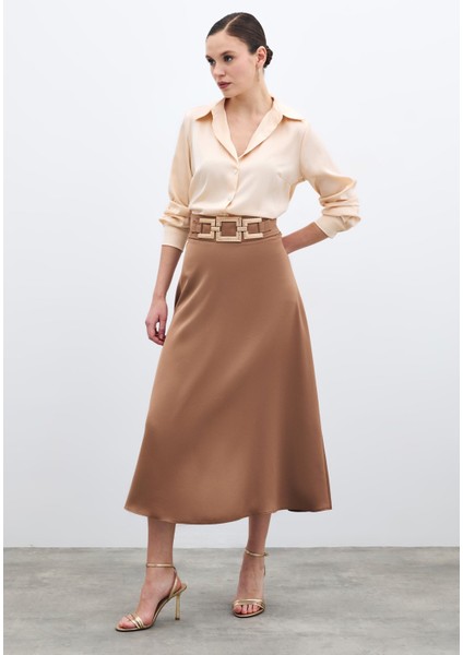 Bel Aksesuarlı Saten Krep Etek - Camel