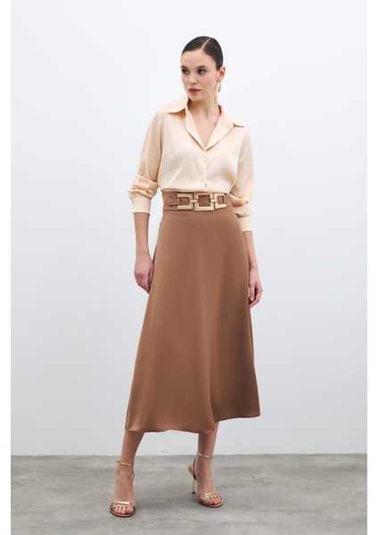 Bel Aksesuarlı Saten Krep Etek - Camel fiyatları