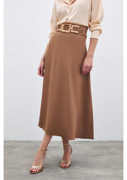 Bel Aksesuarlı Saten Krep Etek - Camel modelleri