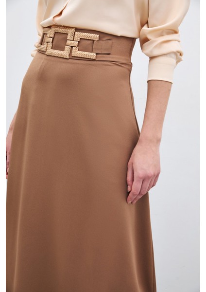 Bel Aksesuarlı Saten Krep Etek - Camel fırsatları