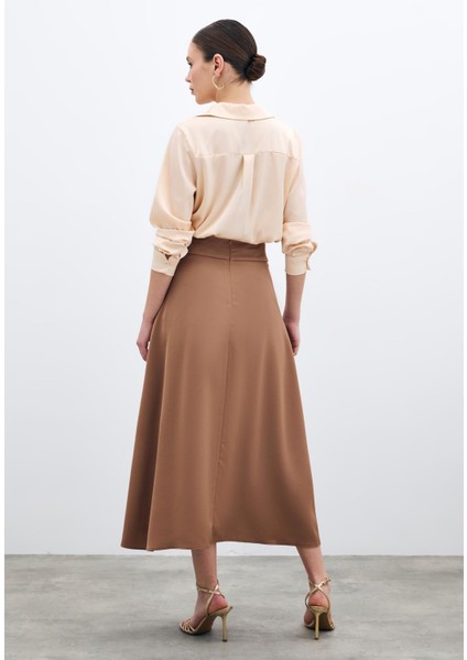 Bel Aksesuarlı Saten Krep Etek - Camel indirimleri
