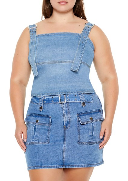 Plus Size Tokalı Denim Crop Top