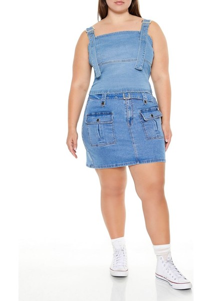 Plus Size Tokalı Denim Crop Top