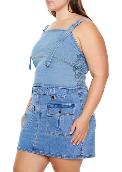 Plus Size Tokalı Denim Crop Top