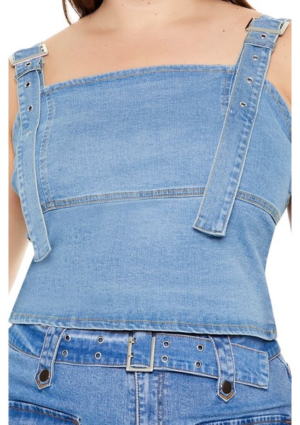 Plus Size Tokalı Denim Crop Top