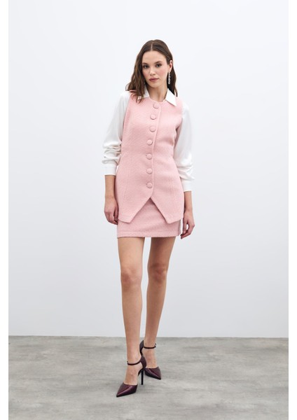 Düğmeli Tüvit Yelek - Pudra