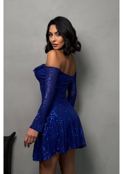Kadın Saks Kayık Yaka Pul Payet Mini Elbise NBDF128