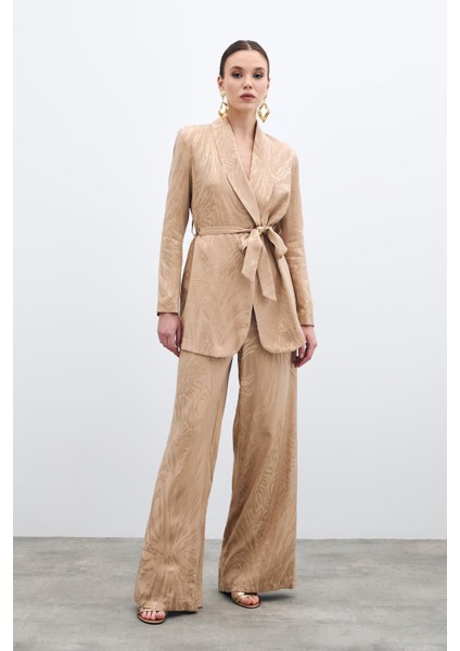 Yüksek Bel Desenli Pantolon - Vizon fiyatları