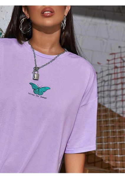 Minik Kelebek Baskılı Oversize T-Shirt Salaş Boyfirend