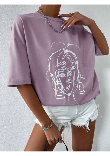 Çizgi Yüz Baskılı Kadın Oversize T-Shirt Salaş Boyfirend