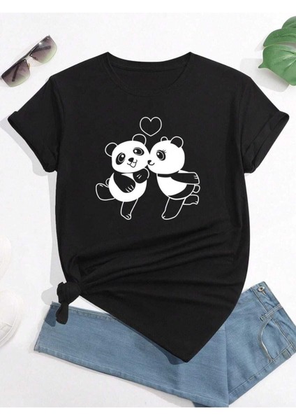 Aşık Pandalar Baskılı Oversize T-Shirt Salaş Boyfirend
