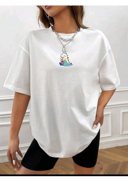 Kadın Minimal Sevimli Dinazor Baskılı Beyaz Oversize Salas T-Shirt Boyfriend