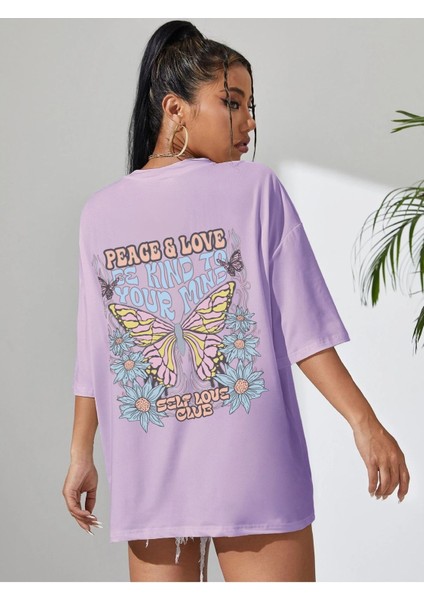 Kadın Peace And Love Baskılı Oversize T-Shirt