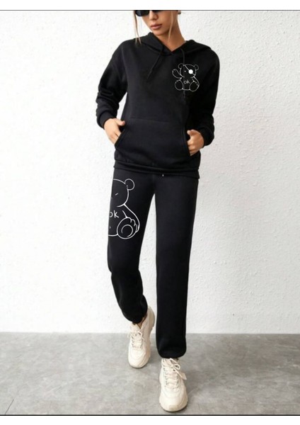 Kadın Siyah Kapüşonlu Üst Siyah Alt Oversize Eşofman Takımı