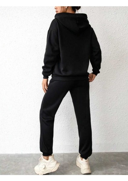 Kadın Siyah Kapüşonlu Üst Siyah Alt Oversize Eşofman Takımı fiyatları