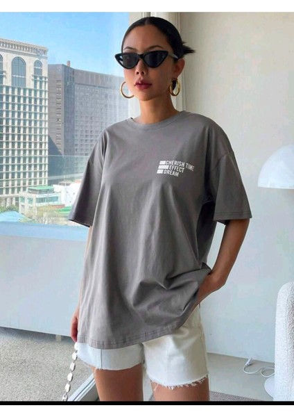 Kadın Cherısh Tıme Effect Baskılı Oversize Salaş T-Shirt Boyfriend