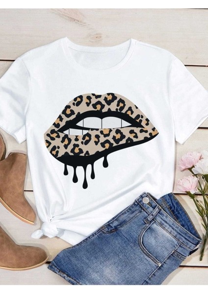 Leopard Lip Baskılı Oversize T-Shirt Salaş Boyfirend