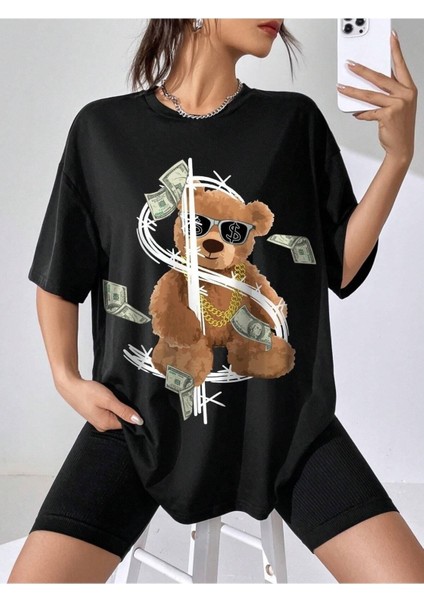 Dolar Bear Baskılı Oversize T-Shirt Salaş Boyfirend
