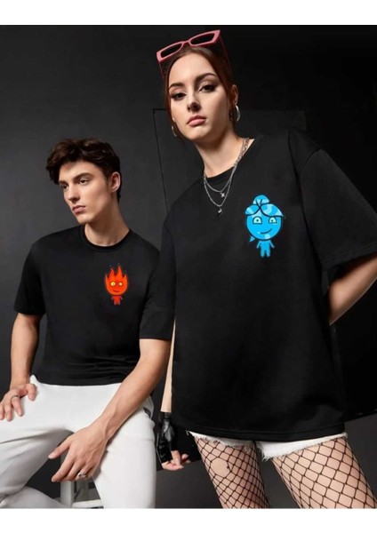 Ateş/su Baskılı 2'li Takım Oversize Salas T-Shirt Boyfriend