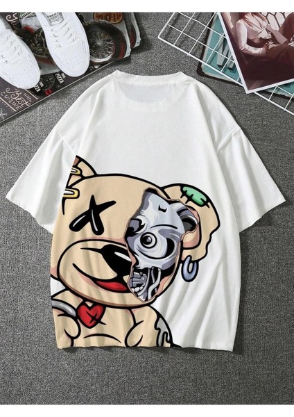 Crazy Bear Baskılı Oversize Erkek T-Shirt Salaş Boyfirend