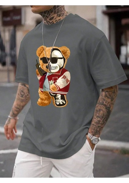 Half Skeleton Bear Baskılı Oversize Erkek T-Shirt Salaş Boyfirend