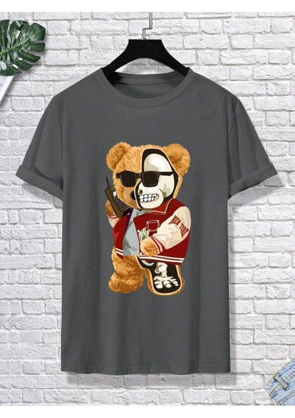 Half Skeleton Bear Baskılı Oversize Erkek T-Shirt Salaş Boyfirend fiyatları