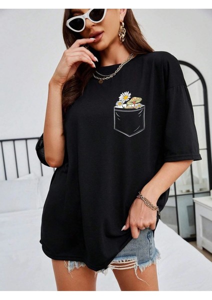 Pocket Printed Baskılı Kadın Oversize Salas T-Shirt Boyfriend