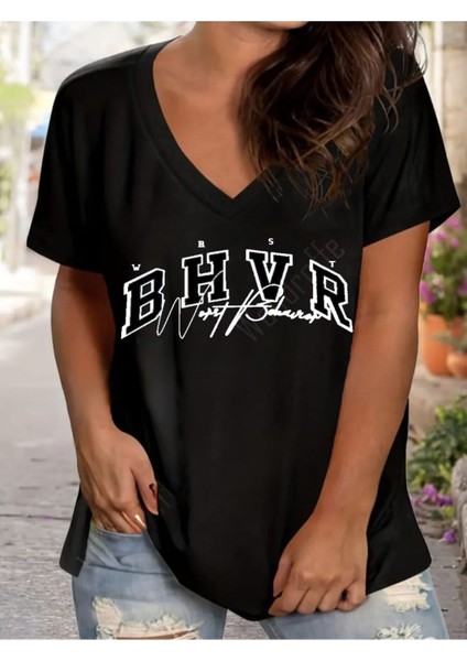 Kadın V Yaka Düz & Baskılı Siyah / Beyaz Oversize T-Shirt Salaş
