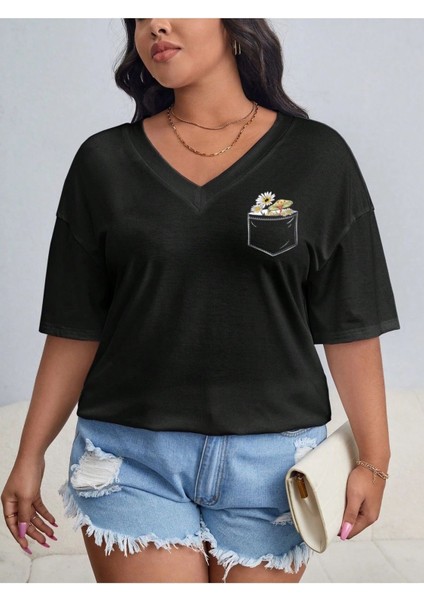 V Yaka Düz & Baskılı Siyah / Beyaz Oversize T-Shirt Salaş Boyfirend