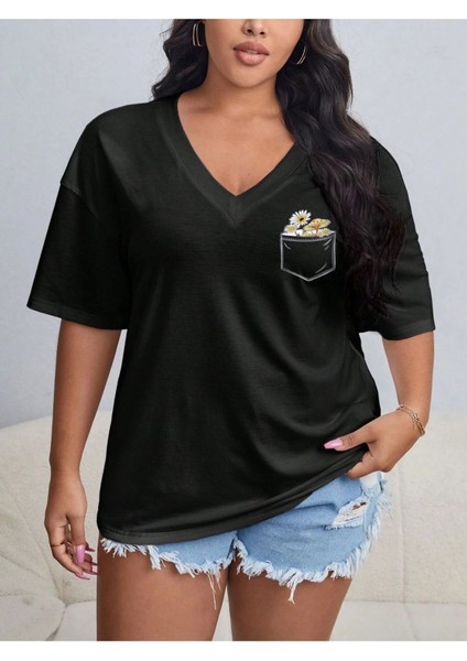 V Yaka Düz & Baskılı Siyah / Beyaz Oversize T-Shirt Salaş Boyfirend