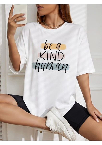 Be A Kind Human Baskılı Kadın Oversize Gri Salas T-Shirt Boyfriend